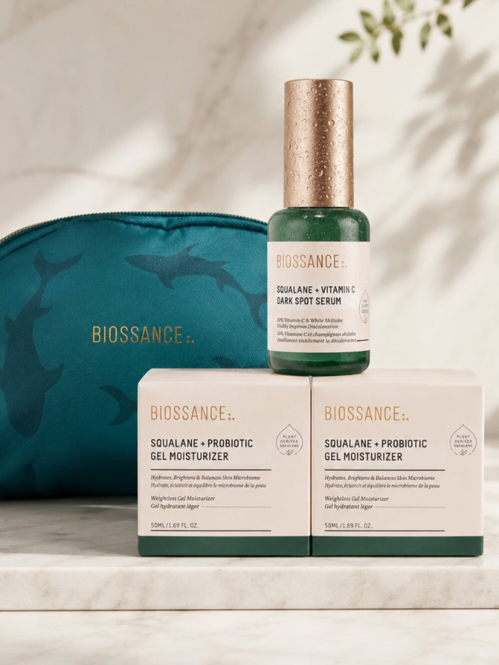 $99+ VALUE | Biossance Dark Spot Serum + 2 Gel Moisturizers + Makeup Bag